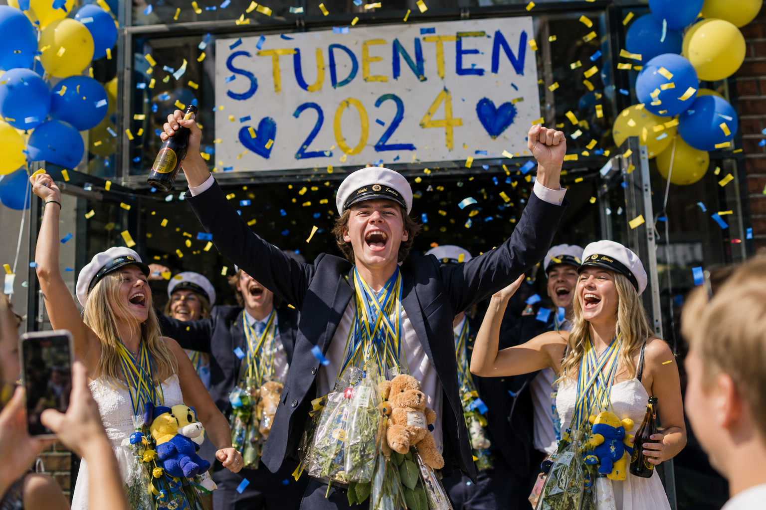 Studenter i studentmössor jublar bland ballonger och konfetti