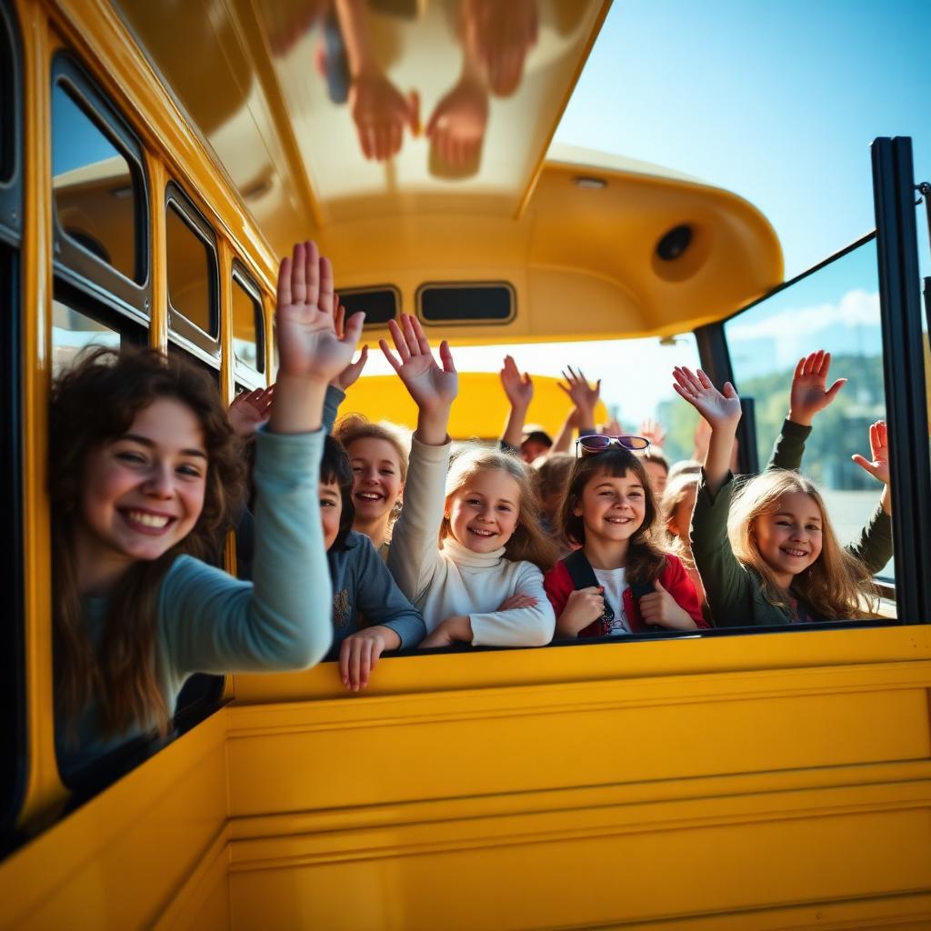 Glada barn vinkar från en gul skolbuss